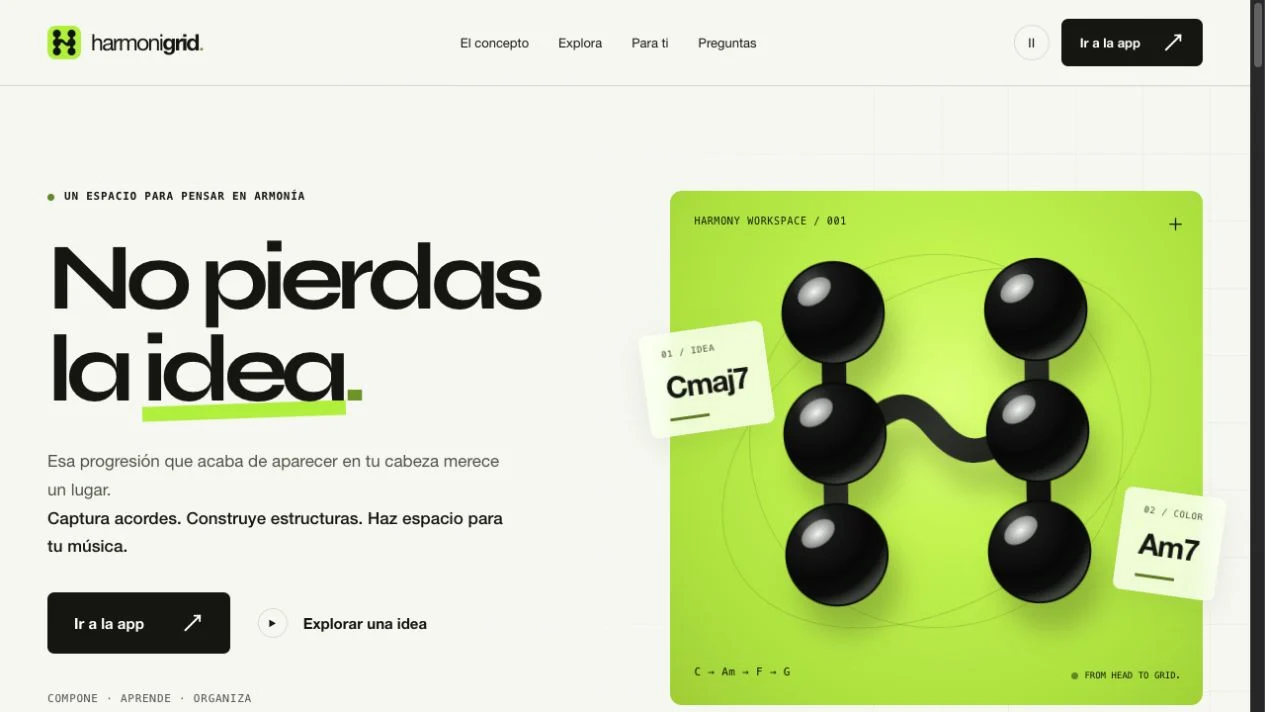 Web de HarmoniGrid: identidad visual y presentación de producto