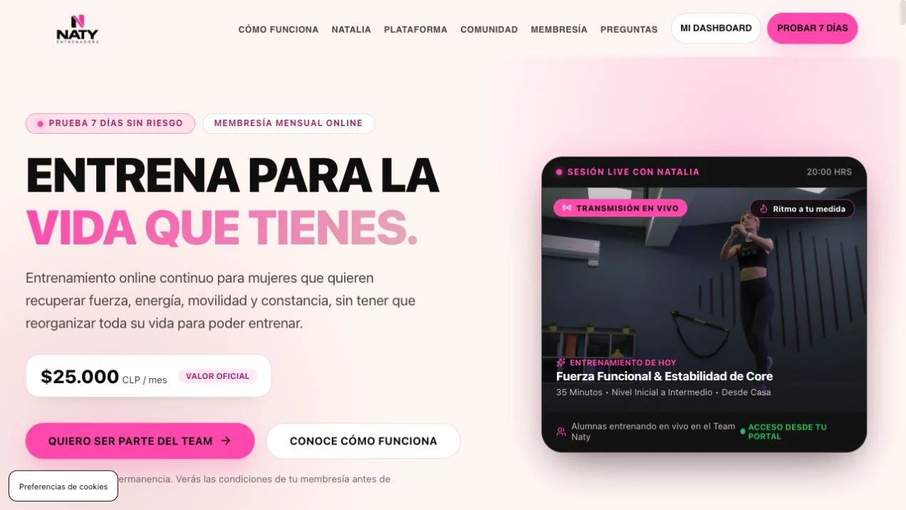 Vista general del sitio web de Naty Entrenadora